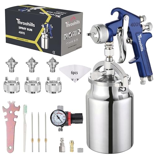 HVLP Siphon Feed Spray Gun Set with 1.4/1.7/2.0mm Stainless Steel Nozzle, 1000cc Aluminum Cup, Brass Airflow Cap and 6pcs Paint Strainers for Cars & House Painting (Blue) - color: blue-4001-1.4/1.7/2.0mm
