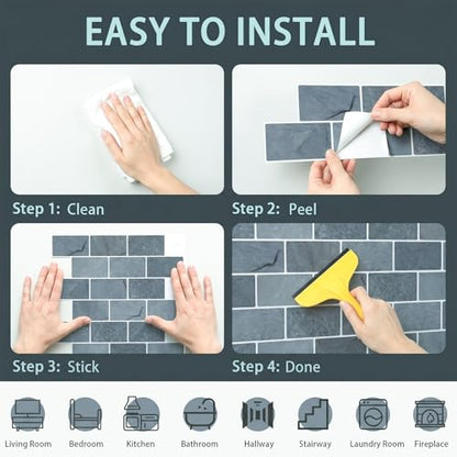 Arttown Peel and Stick 3D Wall Backsplash, 10-Sheet, 12" × 12" Marble Grey - color: Gray Marble, size: 10PC 12"x12"