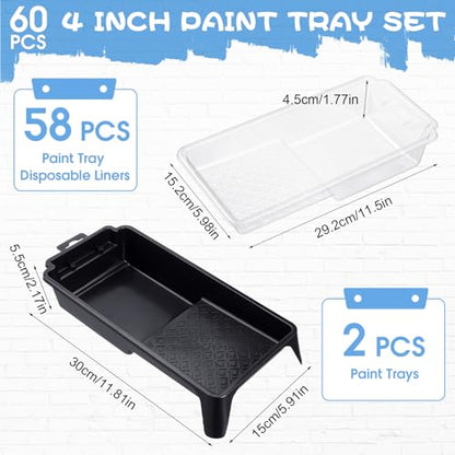 Geelin 60 Pack 4 Inch Paint Tray Liner Set, 58 Disposable with 2 Pans