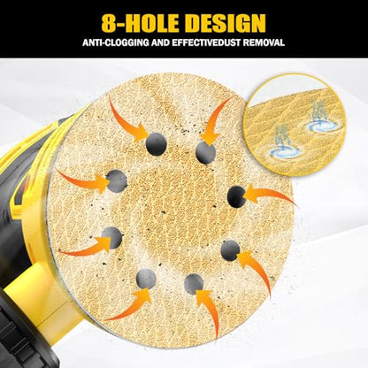 120Pcs 5 Inch 8-Hole Hook&Loop Sanding Discs, 40-600 Grits Diamond Yellow Sand, Dust-Free/Wear-Resistant, Latex Paper Base (No Fray), 135G Backing for Wood/Metal/Auto, DIY & Pros - style: 5inch-8Hole