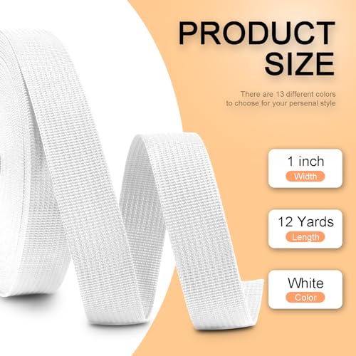 CooBigo 12 Yards Webbing 3/4" & 1" & 1.5" & 2" Polypropylene Webbing Strap 3/4 Inch 1 Inch 1.5 Inch 2 Inch Wide Webbing Strapping for Bags/Lawn Chair/Pool Solar Cover DIY Crafting - color: White, size: 1"- 12 Yards