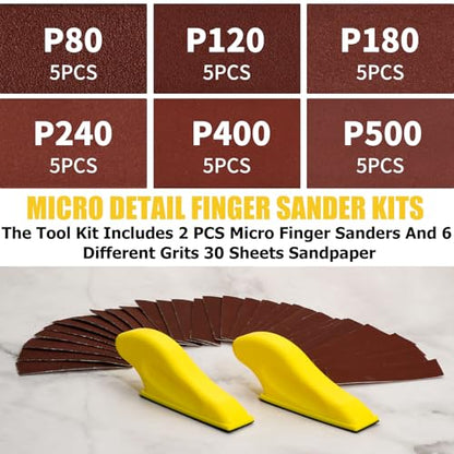 Finger Sander for Crafts 2 Pack with 30 Sheets 3.5 x 1 Inch Sandpaper 80 120 180 240 400 600 Grit Sanding for Crafts DIY Wood Finishing Tight Narrow Space Detail Polishing Micro Gator Sander - color: 2 Pack Sander + 30 Sheets Sandpaper (Red)