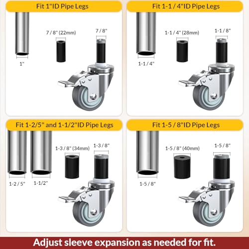 HOLKIE Caster Wheels Locking 3 Inch Expanding Stem Casters, Threaded Swivel Casters Set of 4 Heavy Duty Castors, Fit 1", 1-1/4", 1-2/5", 1-1/2",1-5/8" ID Stainless Steel Table, Cart, Furniture Legs - style: 3 Inch