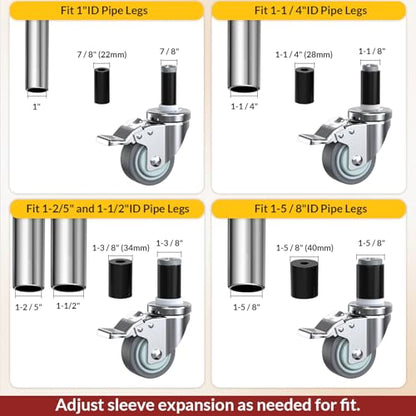 HOLKIE Caster Wheels Locking 3 Inch Expanding Stem Casters, Threaded Swivel Casters Set of 4 Heavy Duty Castors, Fit 1", 1-1/4", 1-2/5", 1-1/2",1-5/8" ID Stainless Steel Table, Cart, Furniture Legs - style: 3 Inch