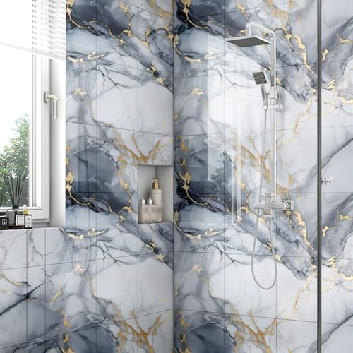 Chejiaye 22pcs Marble Peel and Stick Backsplash Surface Waterproof Wall Panels,Self-Adhesive Marble PVC Foam Wall Panels for Kitchen, Bathroom - 11.8"x11.8" Kitchen Tile(Not Real Tiles,Blue) - color: Blue and Gold, size: 11.8" x 11.8" x 22Pack