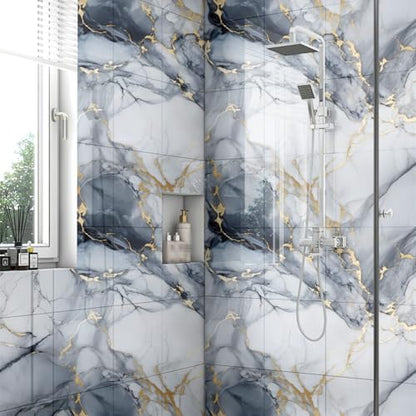 Chejiaye 22pcs Marble Peel and Stick Backsplash Surface Waterproof Wall Panels,Self-Adhesive Marble PVC Foam Wall Panels for Kitchen, Bathroom - 11.8"x11.8" Kitchen Tile(Not Real Tiles,Blue) - color: Blue and Gold, size: 11.8" x 11.8" x 22Pack
