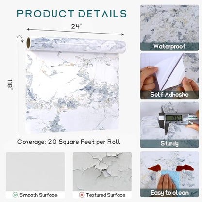 VEELIKE Spruce White Marble Contact Paper for Countertops Waterproof Peel and Stick Countertops 24''x118'' Countertop Contact Paper Marble Wallpaper Self Adhesive Counter Top Wrap for Kitchen Bathroom - size: 24" x 118"