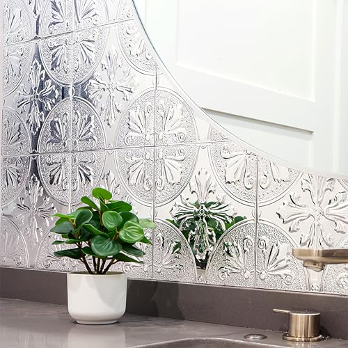 Peel and Stick Metal Backsplash Tiles, Silver Fleur, 10-Pack - style: Silver Fleur