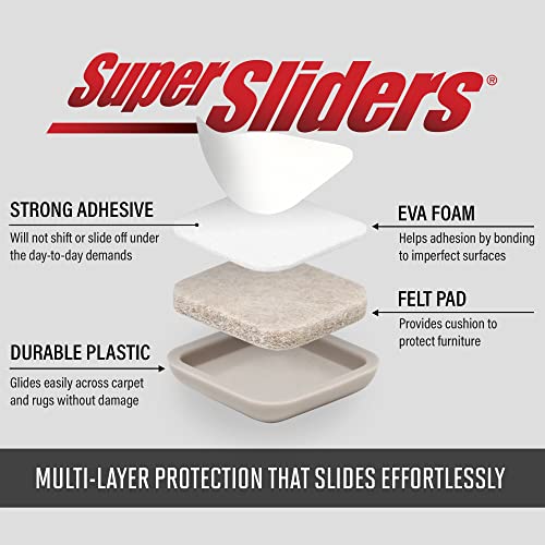 Super Sliders 1" Square Self-Stick Furniture Sliders or Movers for Carpet to Protect Furniture and Move Effortlessly, Brown (12 Pack)