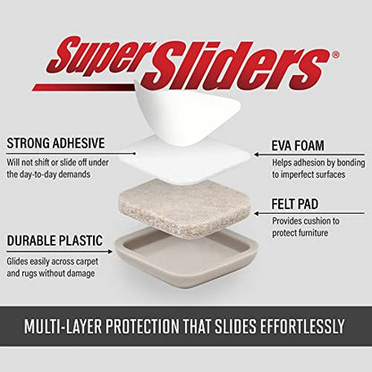 Super Sliders 1" Square Self-Stick Furniture Sliders or Movers for Carpet to Protect Furniture and Move Effortlessly, Brown (12 Pack)
