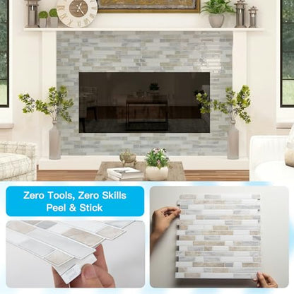 Art3d Linear Design Tile Peel and Stick Backsplash, 10-Sheet, Beige & White - color: Beige & White, size: 12 x 12 Inch
