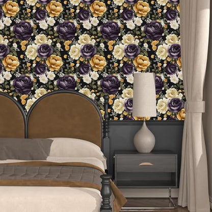 Laatse Dark Peony Peel and Stick Wallpaper 17.5" x 118",Beige/Black - color: Purple/Beige, size: 118" x 17.5"