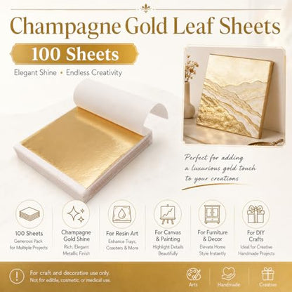 Gold Leaf Sheets 100pcs, 3.35" x 3.15" Imitation Gold Foil Paper for Gilding Crafting Art DIY Canvas Home Decor Picture Frames Interior and More Multi Artistic Decoration