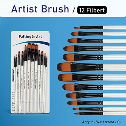 Falling in Art 12 PCS Professional Filbert Paint Brushes Set - style: 12 Pcs Filbert