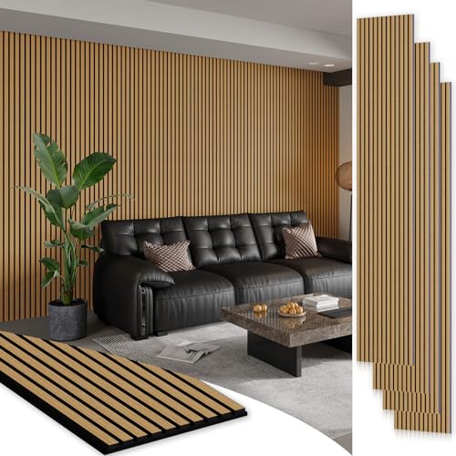 SMARTSTANDARD 4 Pack 106" x 12.6" Wood Slat Wall Panels, American Oak - color: American Oak, size: 106" x 50.4"