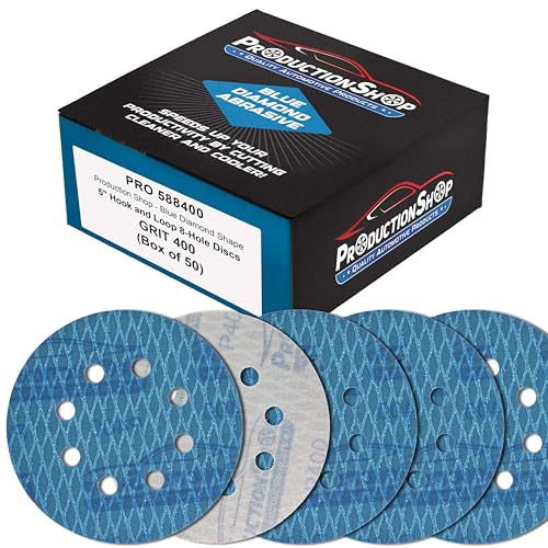 ProductionShop Premium 400 Grit 5" Rhombus Diamond Shape Blue Sanding Discs, 8-Hole, Box of 50 - Hook & Loop Anti-Clogging J-Cloth Dustless Sandpaper for Random Orbital Sanders, Sand Auto Paint, Wood - style: 400 Grit
