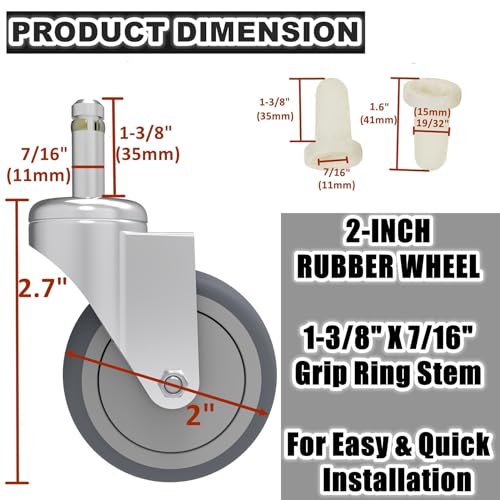 RILIDRI 2-Inch Swivel Stem Caster, 7/16-Inch Stem Diameter Rubber Wheel, Thermoplastic Rubber TPR Replacement Wheels for Weber Grill Shop Vac - 4 Pack - size: 2 Inch-125LB(4 Swivel)
