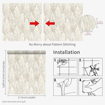 17.32" X 195.85"Beige Peel and Stick Wallpaper Modern Boho Leaf Wall paper - size: 17.3" x 196.9"