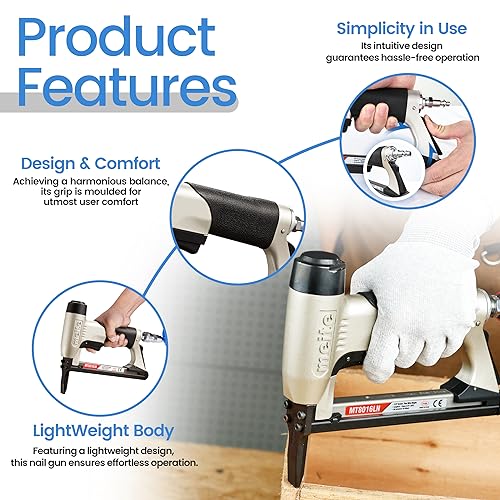 meite Upholstery Staple Gun with Extended Nose for 21 Gauge 1/2-Inch Crown Staples, Heavy-Duty Pneumatic Stapler for Woodworking, Carpentry, and Decoration DIY Projects (Model MT8016LN)