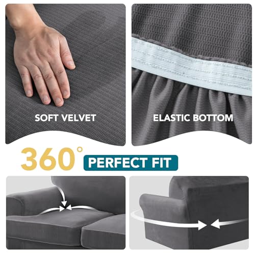 2 Pieces T Cushion Chair Covers with Arms Thick Velvet Couch Cover Stretch T Cushion Sofa Covers for Living Room Chair Cover with Individual T Cushion Covers , Washable (1 Cushion Chair, Gray) - color: Grey, size: Armchair (1 Cushion)