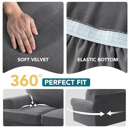 2 Pieces T Cushion Chair Covers with Arms Thick Velvet Couch Cover Stretch T Cushion Sofa Covers for Living Room Chair Cover with Individual T Cushion Covers , Washable (1 Cushion Chair, Gray) - color: Grey, size: Armchair (1 Cushion)
