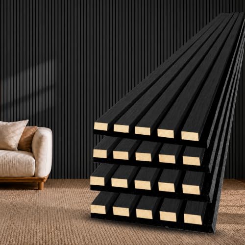 Acoustic Wood Slat Wall Panels 4 Pack 94.5" x 7.9" Vamslat Wall Decor Black - color: Black, size: 94.5" x 7.9"