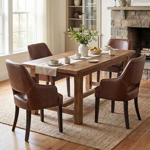 chairus Farmhouse Dining Chairs with Arms Set of 4, Brown PU Leather Upholstered Kitchen & Dining Room Chairs, Curved Open Back Chairs with Walnut Solid Wood Legs & Thick Cushion, Brown - color: Brown