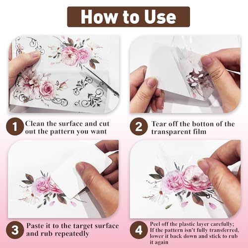 PLIGREAT 3 Sheets Flower Bicyle Rub on Transfer Stickers for Crafts Waterproof UV Pink Floral Rub on Decals for Furniture Cabinet Dressers Ceramic Scrapbooking Transfer Paper, 6"x12" - style: Flower Bicyle