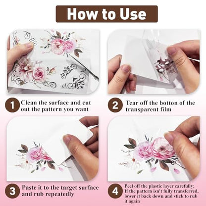 PLIGREAT 3 Sheets Flower Bicyle Rub on Transfer Stickers for Crafts Waterproof UV Pink Floral Rub on Decals for Furniture Cabinet Dressers Ceramic Scrapbooking Transfer Paper, 6"x12" - style: Flower Bicyle