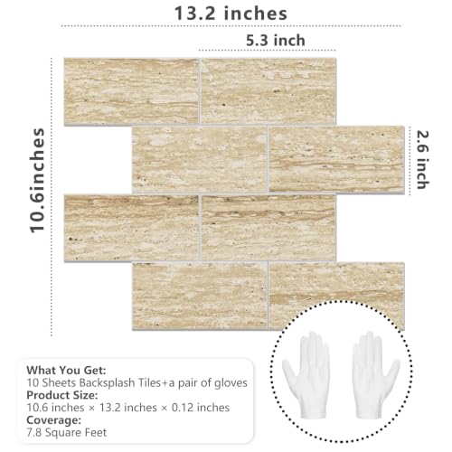 STICKGOO 10-Sheet Backsplash Peel and Stick Subway Tile(Thicker Design, Faux Golden Travertine) - color: Faux Golden Travertine