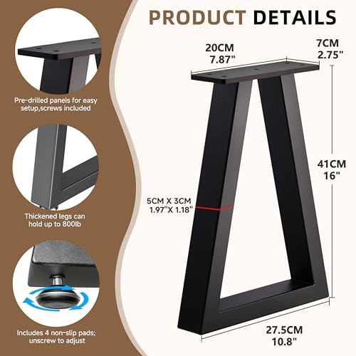 16 Inch Trapezoid Metal Table Legs for Bench, Coffee Table, Desk - Heavy Duty Furniture Legs Set of 2 (Black, H16 x W10.8, Screws & Adjustable Feet Pads Included) - color: Trapezoid, size: 16 IN