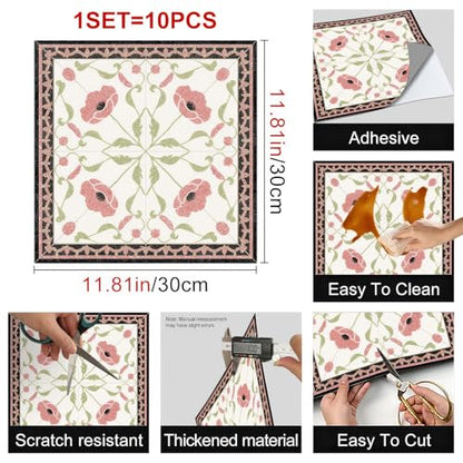 HOMETITUTE Red Poppy Floral Green Border Peel Stick Floor 12x12 Vinyl - color: Red and Green
