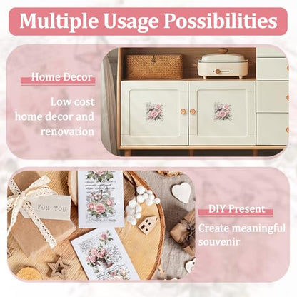 WANDIC Retro Rub On Transfer Stickers, 6 Sheets Pink Retro Flowers Rub on Decals Rose Stickers with Letters Waterproof Furniture Stickers for DIY Home Scrapbooking Windows Crafts,12 * 6in - color: Pink Flower, size: 6 Sheets