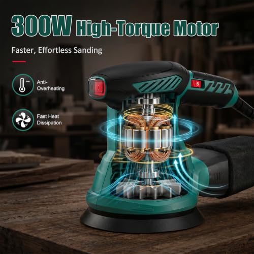 HYCHIKA 5‑Inch Random Orbital Sander, 6000‑13000 OPM, Electric Palm Sander, 6 Variable Speeds, 300W Motor with Upgraded Vacuum Dust Collector, 10 Pcs Sandpapers for Furniture Refinishing & DIY