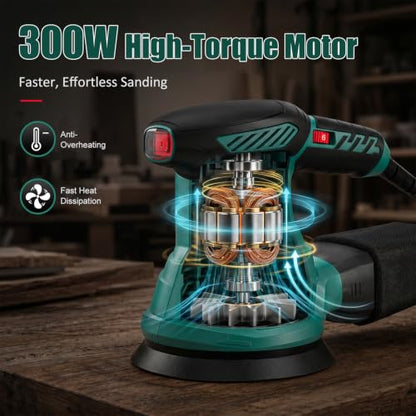 HYCHIKA 5‑Inch Random Orbital Sander, 6000‑13000 OPM, Electric Palm Sander, 6 Variable Speeds, 300W Motor with Upgraded Vacuum Dust Collector, 10 Pcs Sandpapers for Furniture Refinishing & DIY