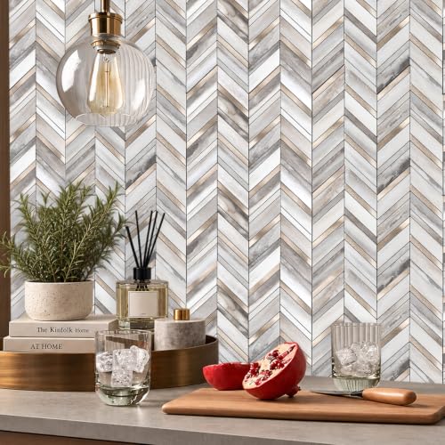 Yipscazo 10-Sheet Wood Grain Herringbone Peel and Stick Backsplash for Kitchen Walls,Heat Resistant PVC Mixed Metal Stick on Backsplash Tiles,Waterproof Peel and Stick Tile for Bathroom&Shower - color: Wood Grain + Gold Metal