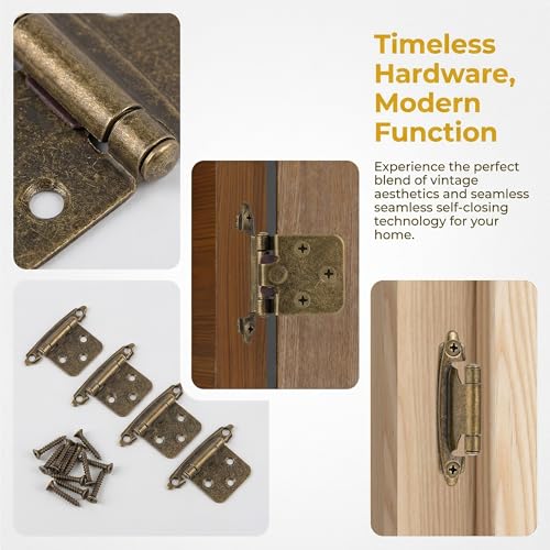 4 Pack (2 Pairs) Antique Brass Cabinet Hinges, 1/2 Inch Overlay Self-Closing Hinges for Kitchen Cupboard Cabinet Doors, Semi-Concealed Face Frame Mount Hardware - color: Antique Brass