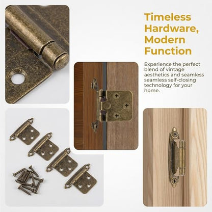 4 Pack (2 Pairs) Antique Brass Cabinet Hinges, 1/2 Inch Overlay Self-Closing Hinges for Kitchen Cupboard Cabinet Doors, Semi-Concealed Face Frame Mount Hardware - color: Antique Brass