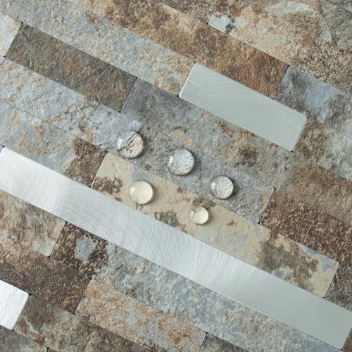 AULIGET 2 Sheets Beige & Brown Slate Peel and Stick Backsplash, PVC Mixed Metal Silver Wall Tile Stick on Backsplash for Kitchen and Bathroom - color: Beige & Brown Slate + Metal Silver, size: 2 Sheets, 6"x12"x0.12"