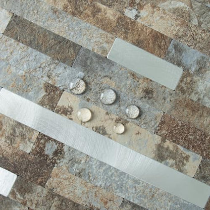 AULIGET 2 Sheets Beige & Brown Slate Peel and Stick Backsplash, PVC Mixed Metal Silver Wall Tile Stick on Backsplash for Kitchen and Bathroom - color: Beige & Brown Slate + Metal Silver, size: 2 Sheets, 6"x12"x0.12"