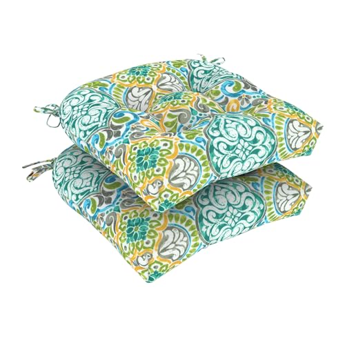 DYTXIII Set of 2 Outdoor Chair Cushions 19"x19"x4", Water Repellent Tufted Patio Seat Cushions with Ties, Thick Replacement Pads for Wicker Dining Chairs, Patio Furniture, Damask Green - color: Damask Green
