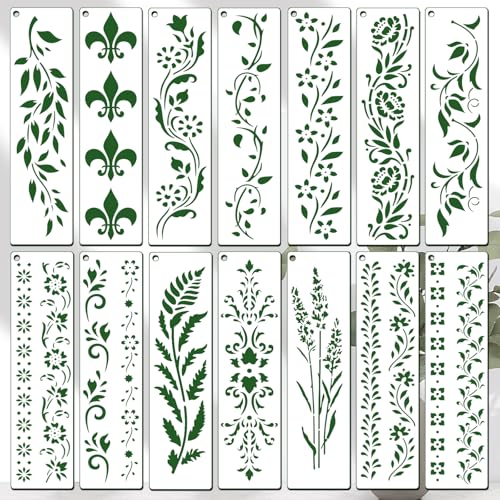 14 PCS Reusable Border Flower Stencils for Painting, Wood Wall & Crafts - Floral Vine Border Art with Edge Designs, Furniture & Wall Background Templates for Canvas, DIY Home Decor & Artistic Projects - color: Border, size: 12in x 3in