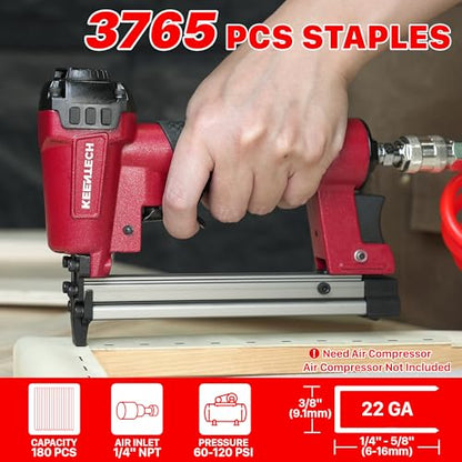 KEENTECH Pneumatic Staple Gun 22GA with 3765pcs 3/8" Crown Staple1/4-5/8" - color: Red, size: 22 Gauge 7116