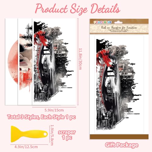 Peacoblue Geisha Landscape Rub On Transfers for Furniture 6"x12" - style: Geisha and Japanese Landscapes