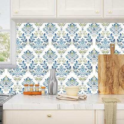 BOKEBEVE Boho Floral Peel and Stick Wallpaper Blue White 17.5 x 393.5In - color: Blue/White, size: 17.5" x 393.5"