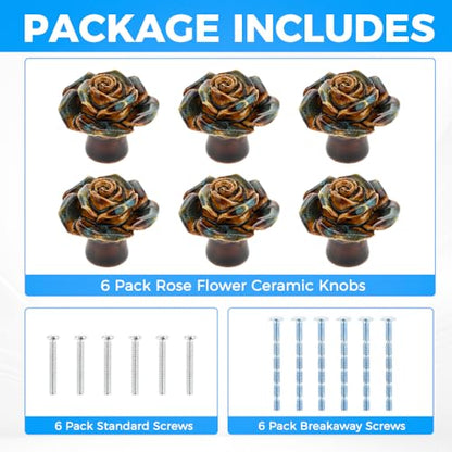Yetaha 6 Pack Blue Retro Floral Ceramic Knobs Single Hole with Screws - color: Blue