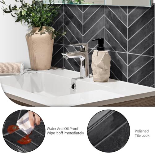 10 Sheets Thicker Herringbone Peel and Stick Backsplash - color: Grey Black