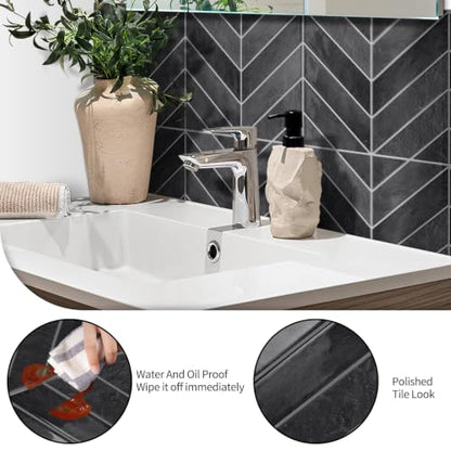 10 Sheets Thicker Herringbone Peel and Stick Backsplash - color: Grey Black
