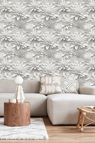 Peel and Stick Wallpaper White Gray Lotus Floral Feature - color: White& Gray, size: 17.7" x 393.7"