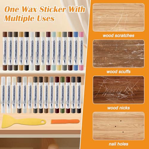 Windspeed 30+2P Wood Filler Stick 30 Color Wood Filler Putty Wax Crayons Furniture Repair Kit Putty Stick for Baseboard Cabinets Furniture Floors(with 2 Scrapers)